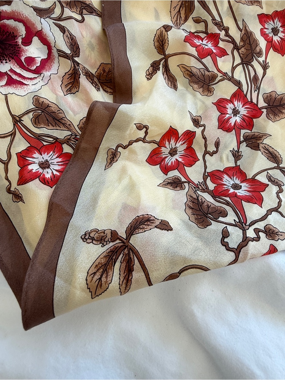 Genuine silk Floral Scarf with Red Flowers and Brown Trim